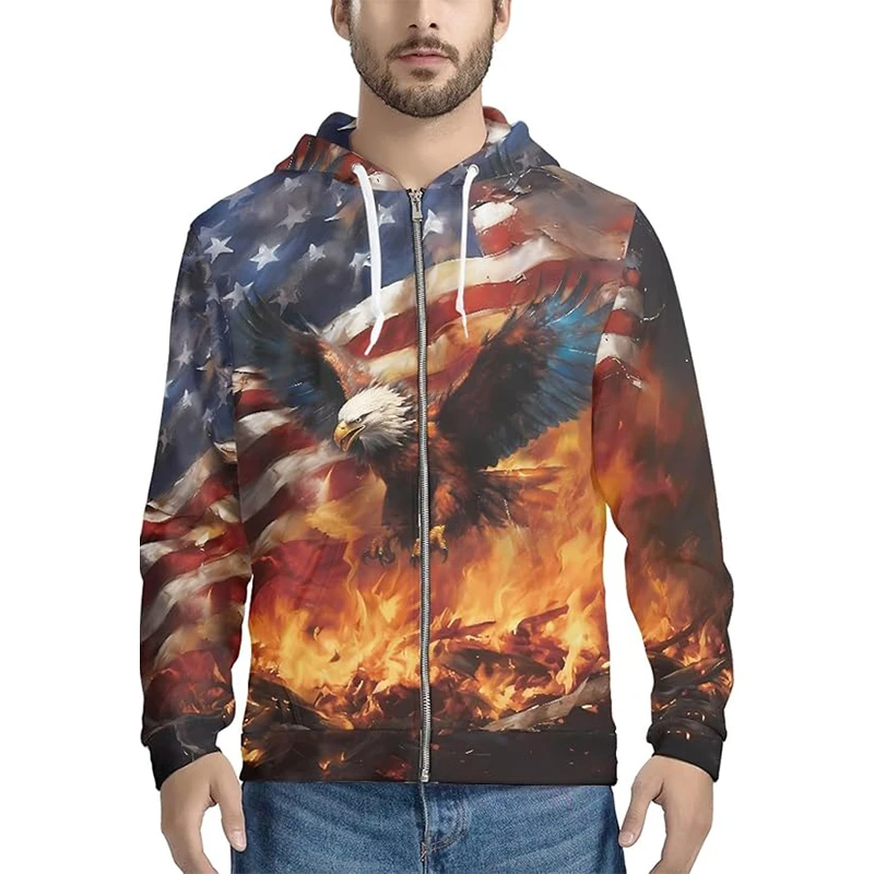 USA Flag Men's Zip Up Hoodies Autumn Fashion Skull 3D Printed Street Hip Hop Hooded Sweatshirts Long Sleeve Oversized Pullovers — zdjęcie 4