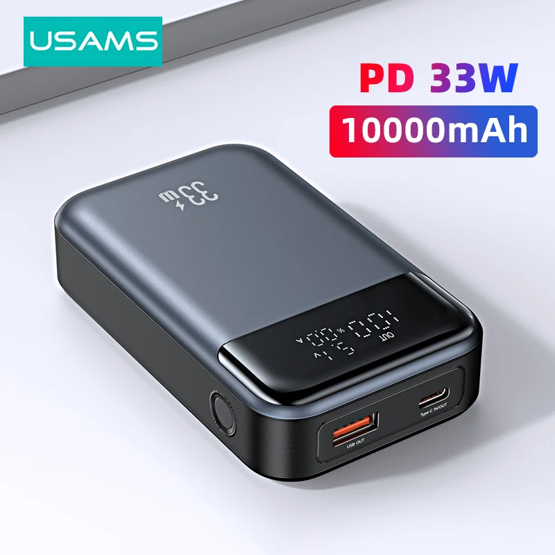 USAMS Power Bank 10000mAh PD 33W Fast Charging Mini Powerbank Portable External Quick Charger for iPhone Samsung Huawei Tablets