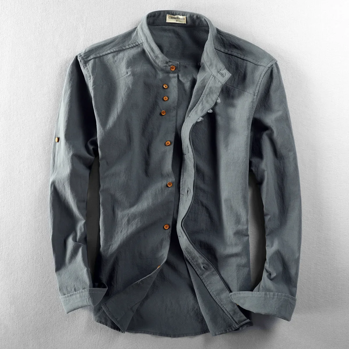

Spring Mens Shirt Japan Vintage Style Premium Linen Stand Collar Slim Fit Single Breasted Simple Design Casual Shirts Fashion