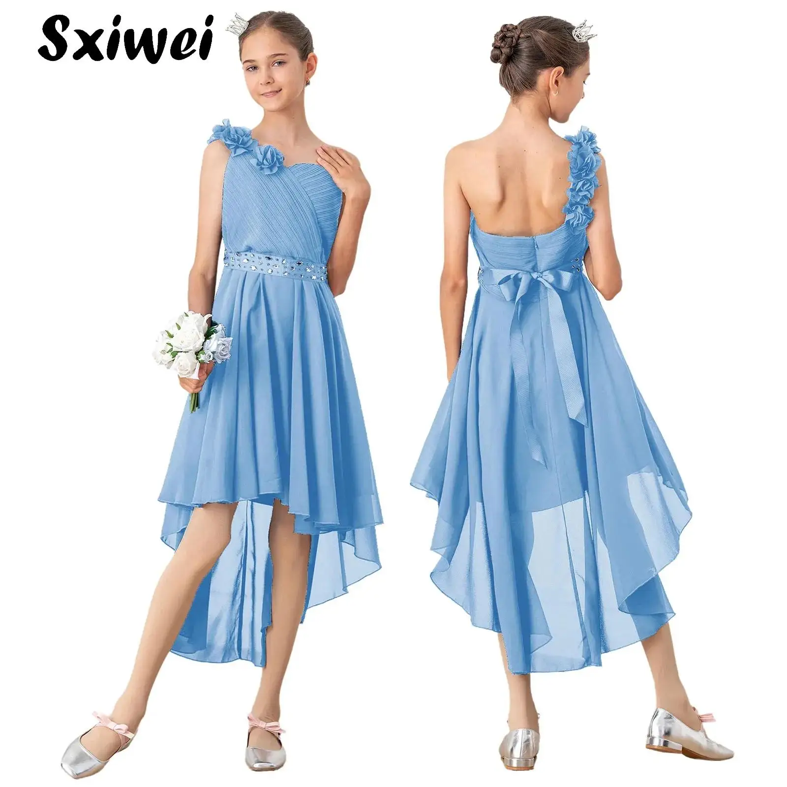 

Girls Wedding Bridesmaid Dress Summer Elegant Chiffon One Shoulder Sleeveless Long Dress for Birthday Party Evening Prom Gown