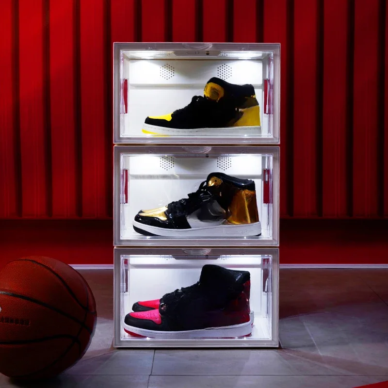 2pcs Side Open Magnetic Clear Stackable Shoe Box Acrylic Sound Control Led Light Shoe Storage Sneaker Box with Lighting