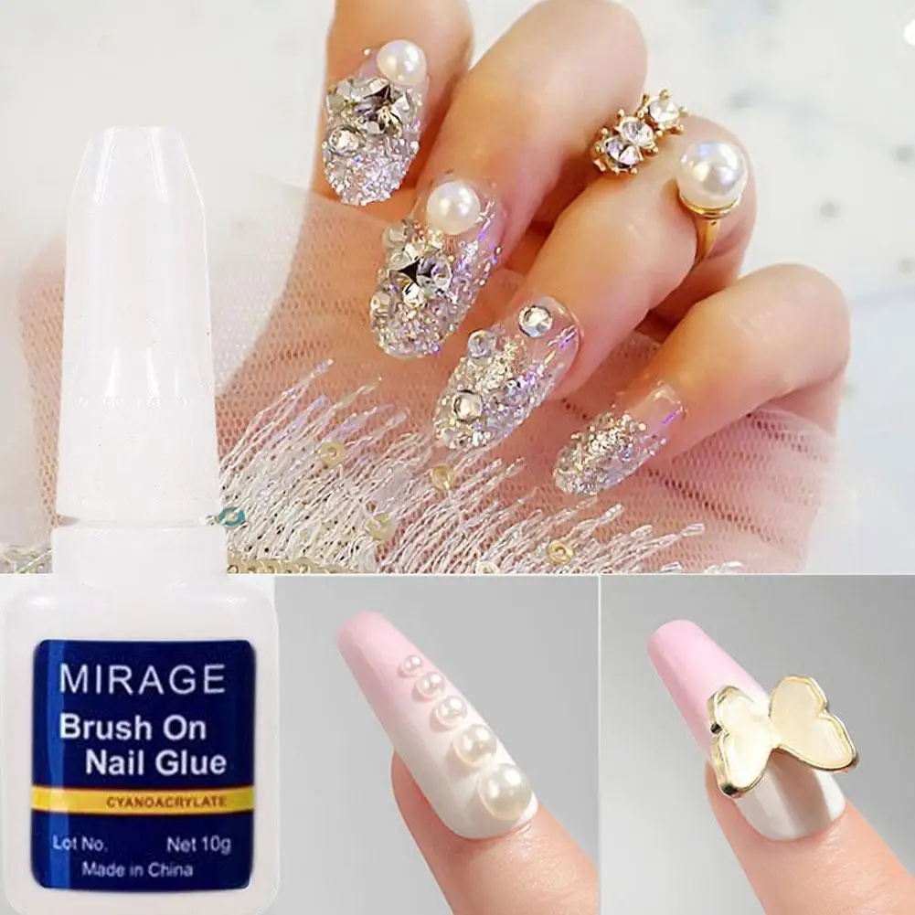 Cola para unhas falsas de secagem rápida, 10g, glitter, decoração acrílica com pincel, pontas de unhas falsas, cola pegajosa, ferramentas de cuidados com as unhas l3m6