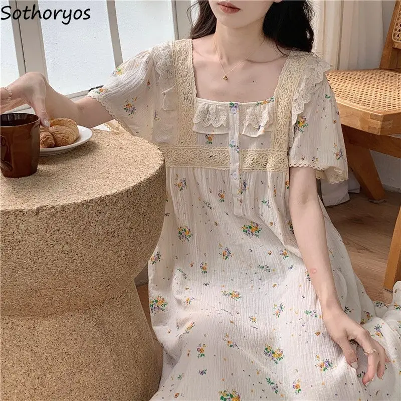 Floral Nightgowns Women Sweet Lace Summer Nightdress Schoolgirls Korean Fashion Square Collar Retro Lounge Sleepwear Cozy New