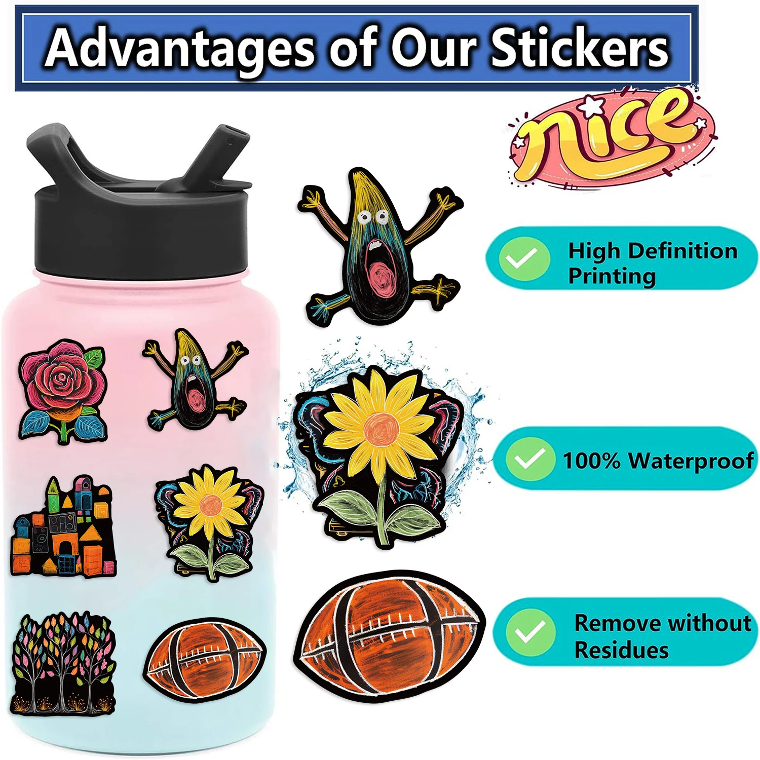 53Pcs Cartoon Child Interest Stickers Kawaii For Laptop Guitar Suitcase Bike Car Motorcycle Waterproof Sticker for Kids Toy