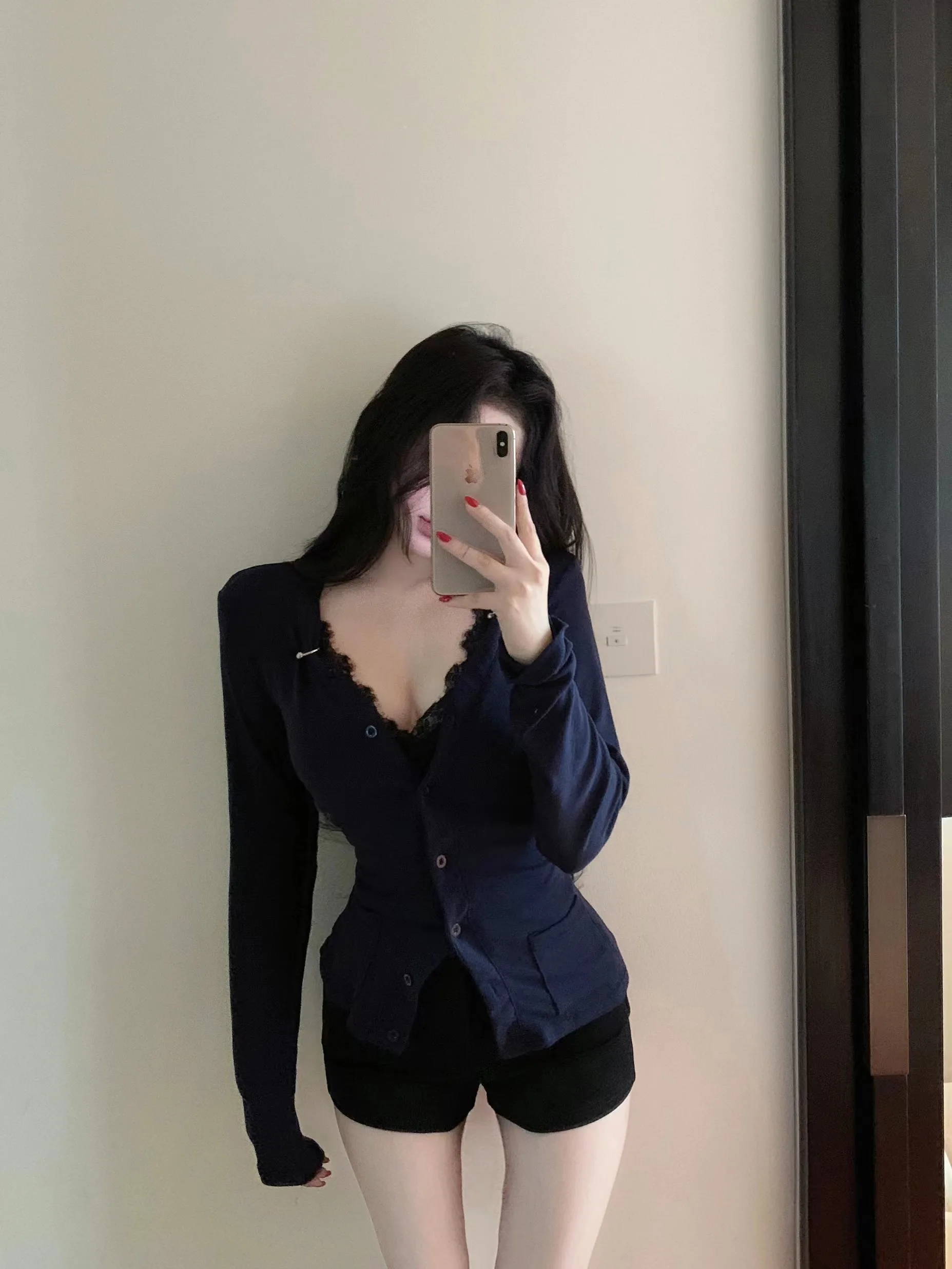 

Pure Desire Темно-синий открытый кардиган с v-образным вырезом, длинный женский топ с кружевной отделкой, комплект из двух предметов, сексуальная модная осенняя одежда