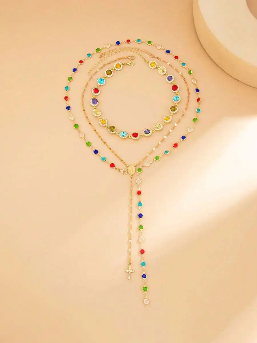 

3pcs Bohemian Style Colorful Crystal Bead Y-Necklace Set With Cross Pendant For Women
