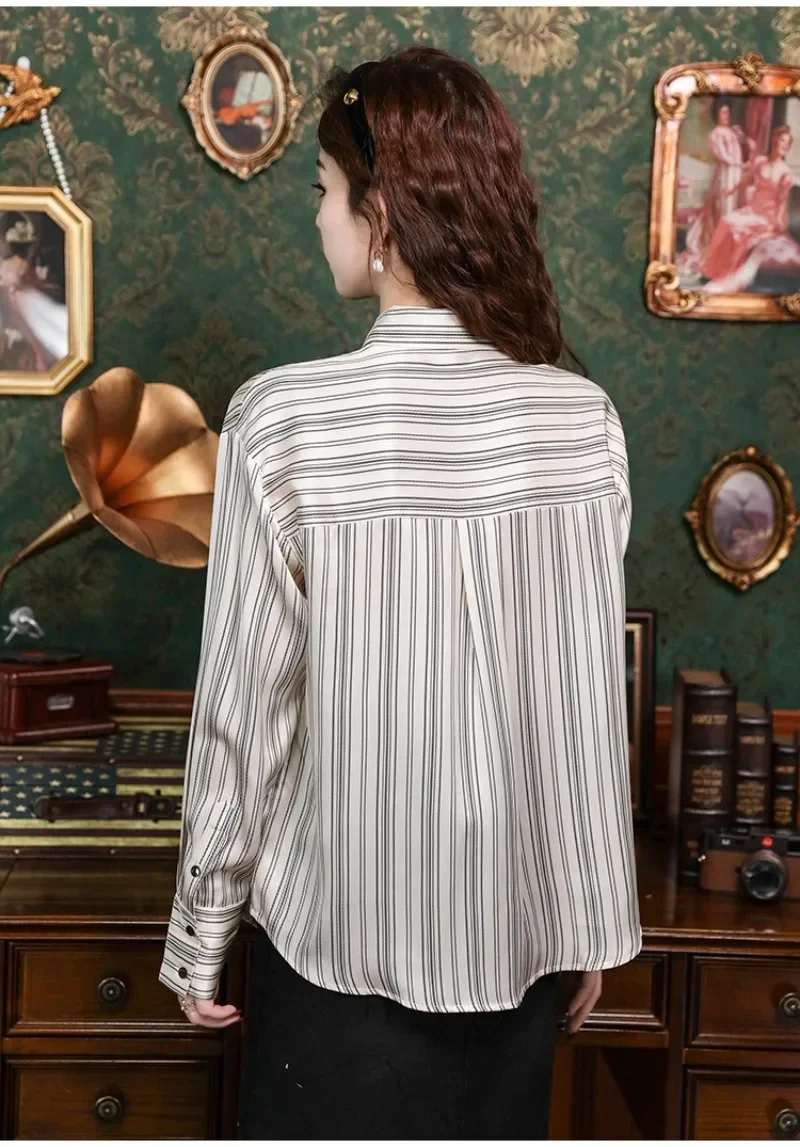 Satin Casual Women's Blouses Spring/Summer New Prints Korean Stripe Shirts Loose Long Sleeves Top Silk Vintage Clothing Sales