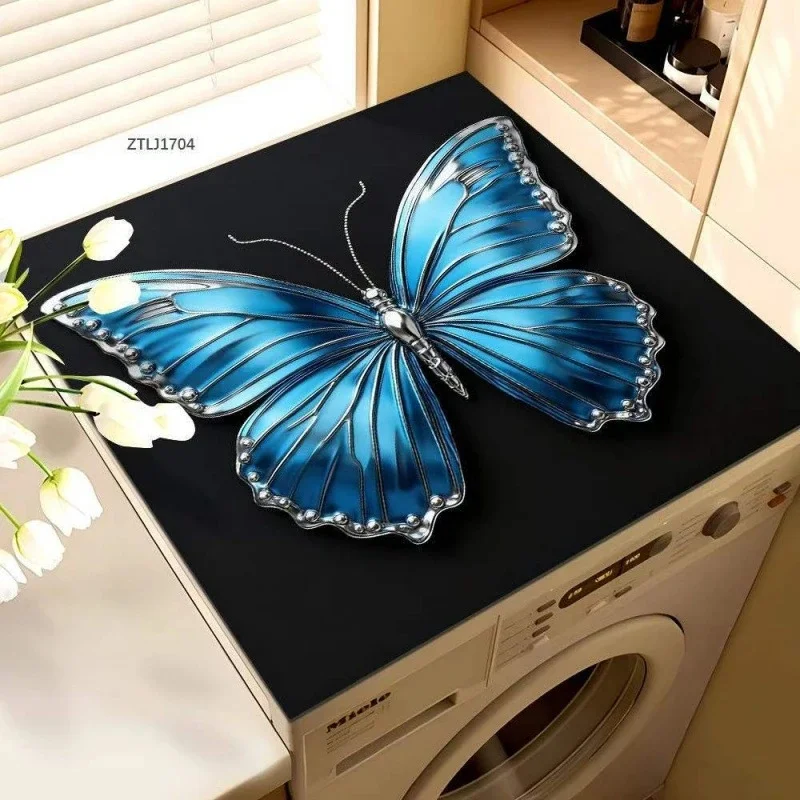 VIKAMA Luxury Stereo Blue Butterfly Pattern Washing Machine Dust Cover Non-slip Shock Absorbing Laundry Room Decor Mat