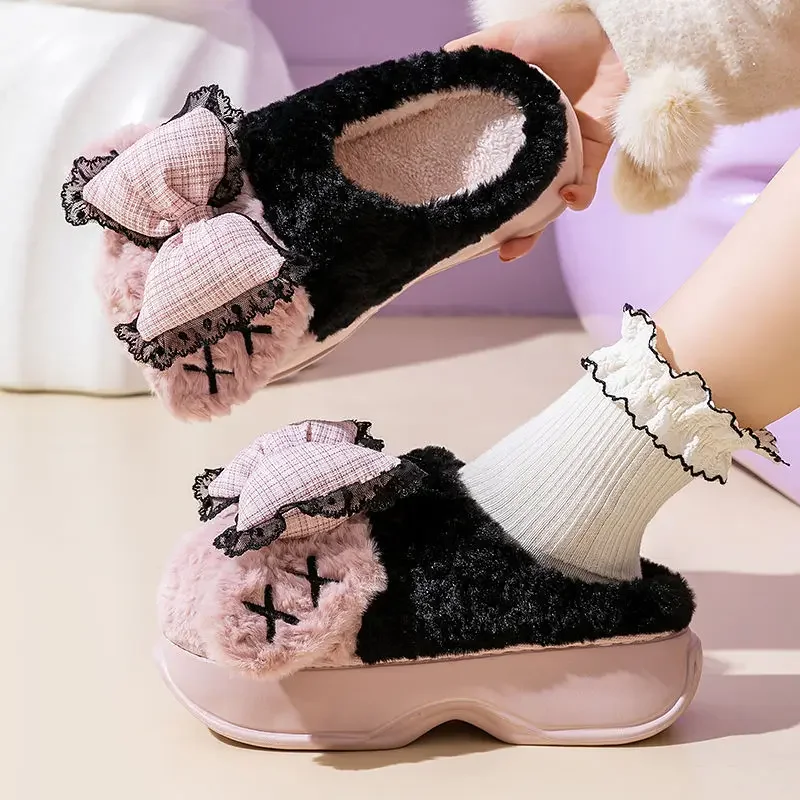 Harajuku Slides Bow Bunny Ears Slippers for Women Outdoor Mules Shoes Ladies Platform Fuzzy Slipper Goth Winter Flip Flops