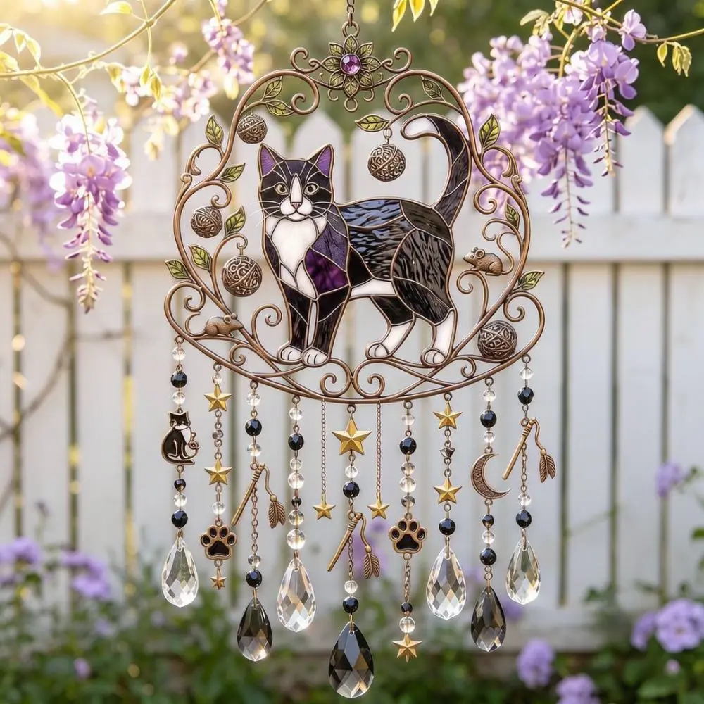 Acrylic Cat Design Hanging Suncatcher Decorative Wind Chime Perfect Gift For Animal Fans Garden Decoration