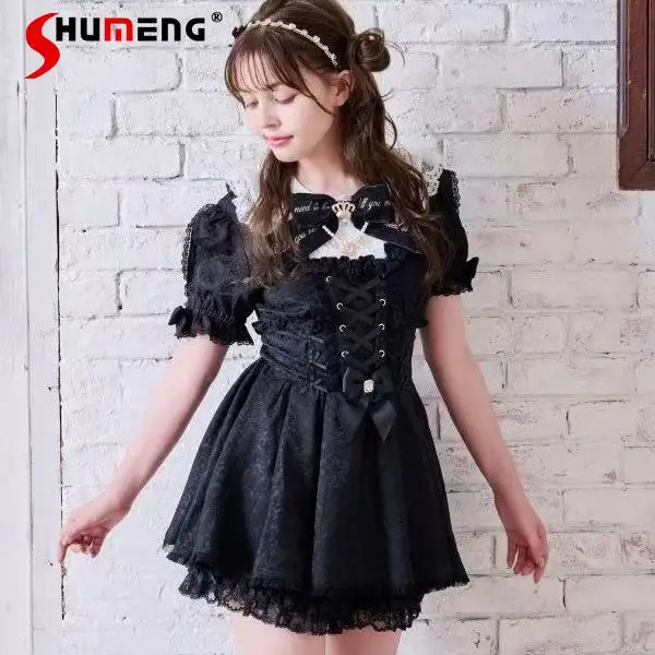 

Japanese Mine Style Liz Dress Set Crown Bow Detachable Doll Collar Short Sleeve Dresses High Waist Shorts Two-Piece Set Women