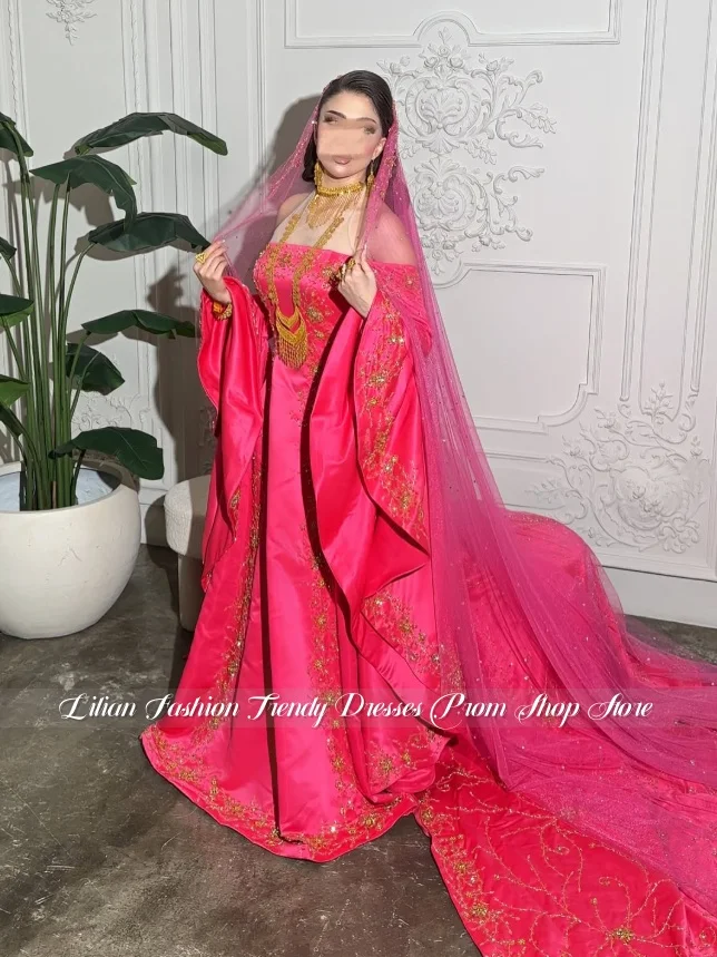 Customized Hot Pink Satin Arabic Kaftan Wedding Gown Gold Floral Embroidery Oversized Ruffle Sleeve Long Train Bridal Dress 2026