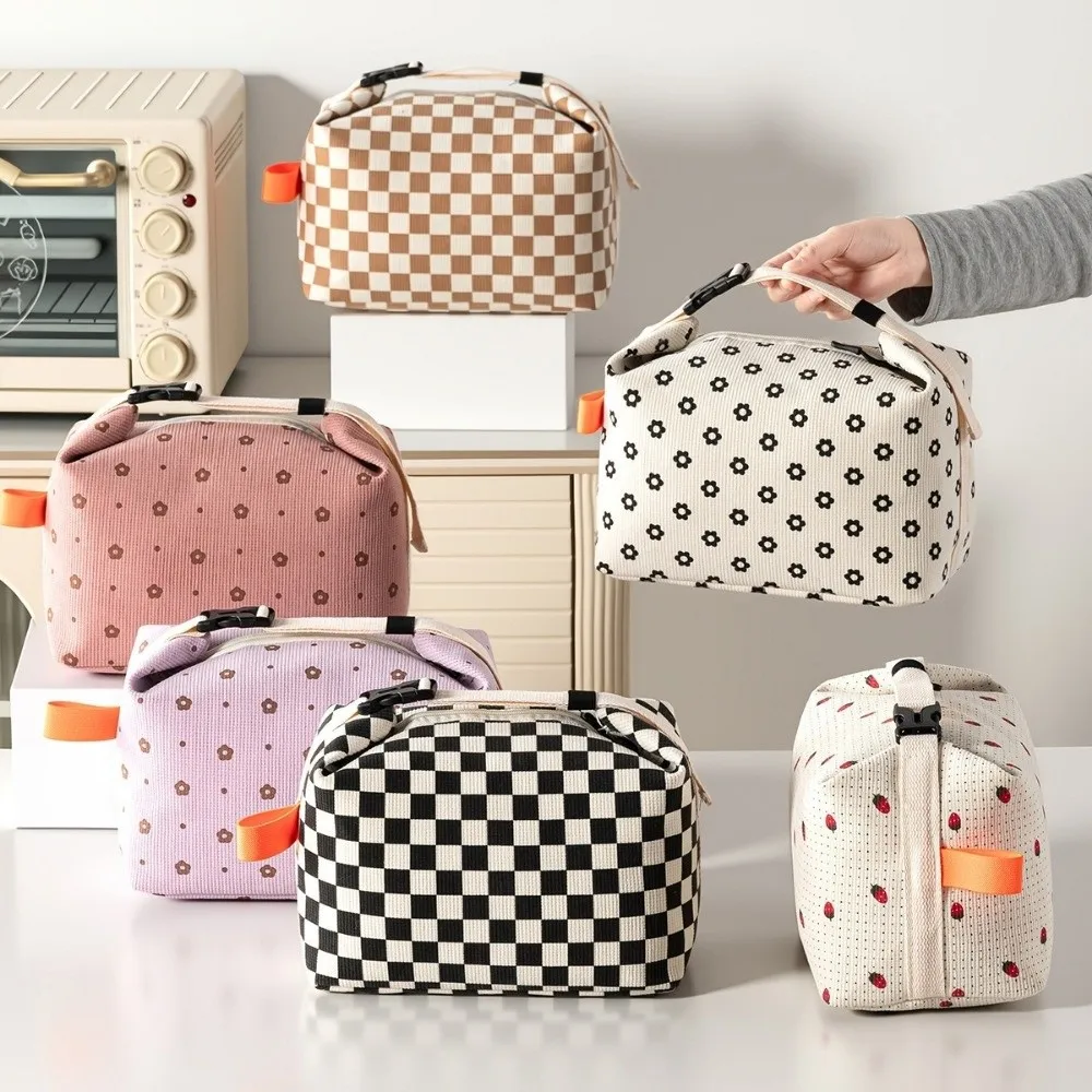 

Floral Printed Floral Corduroy Lunch Bag Waterproof Large Capacity Printed Food Handbag Interior Pockets Reusable Picnic Bag