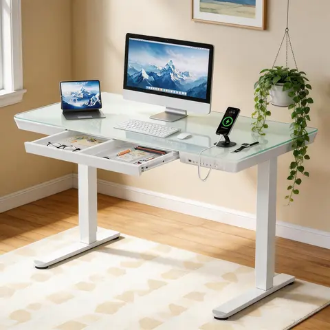 Glass Standing Desk with Drawer, 55 X 28 inch Electric Standing Desk, Height Adjustable Desk with One-Piece Tabletop & USB Charging Ports, Sit Stand Desk with Storage for Home & Office