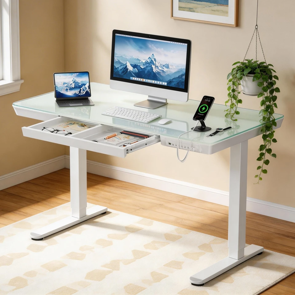 Electric Glass Standing Desk with USB Ports