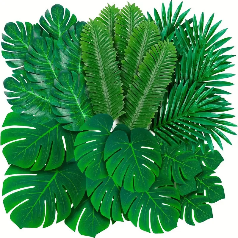 10 Uds. De hojas de palma tropicales artificiales, decoraciones de jungla de Safari, hojas hawaianas para el hogar, decoración hawaiana para fiesta de boda en la playa Luau