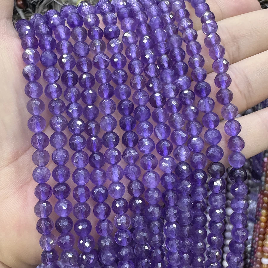 Natural Amethyst Crystal Section Beads Crystal 128 Faceted Loose Stone Spacer For Jewelry Making DIY Necklace Bracelet 15'' 6mm