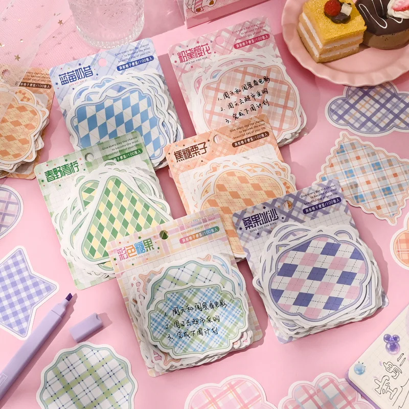 100pcs Plaid Note Paper Color Plaid Handbook Decorative Background Backing Paper Message Memo Office Accessories