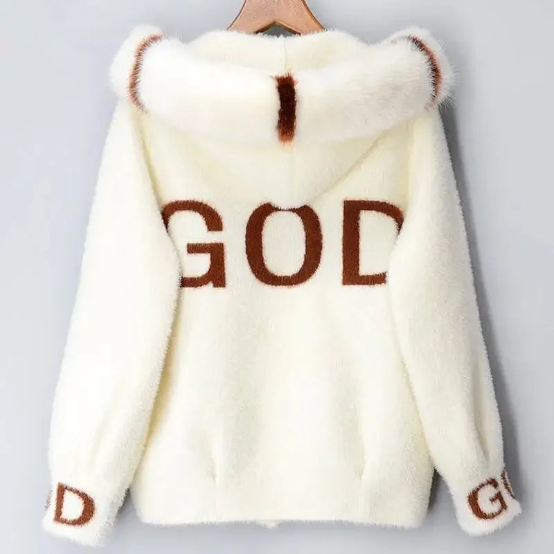 Winter Golden Mink Faux Sweater Cardigan Jacket Women's Cropped Thickened New Style Loose Fit Hooded Spring Autumn Collection Sm