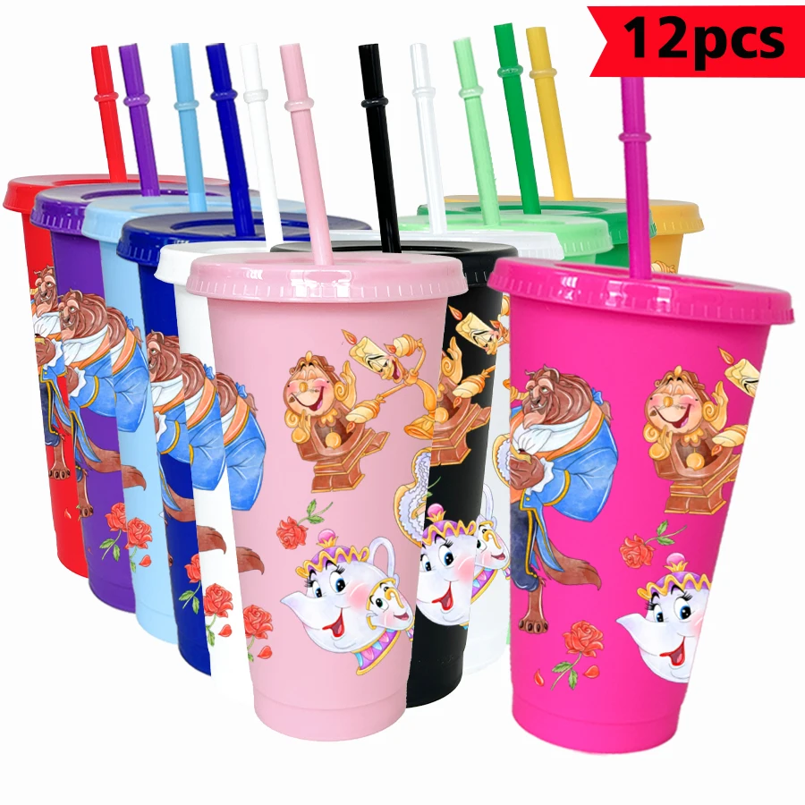 

12 Pieces/bag Disney Beautiful Woman Teacup 26oz Colored Plastic Birthday Party Drinking Utensils Juice Coffee Cup