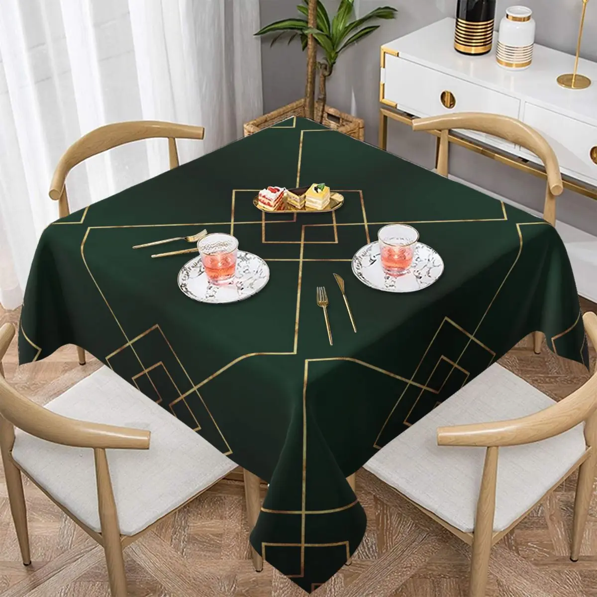 Mantel cuadrado impermeable minimalista de color verde oscuro y dorado, mantel a prueba de aceite para eventos de cocina, cubierta para mesa de comedor