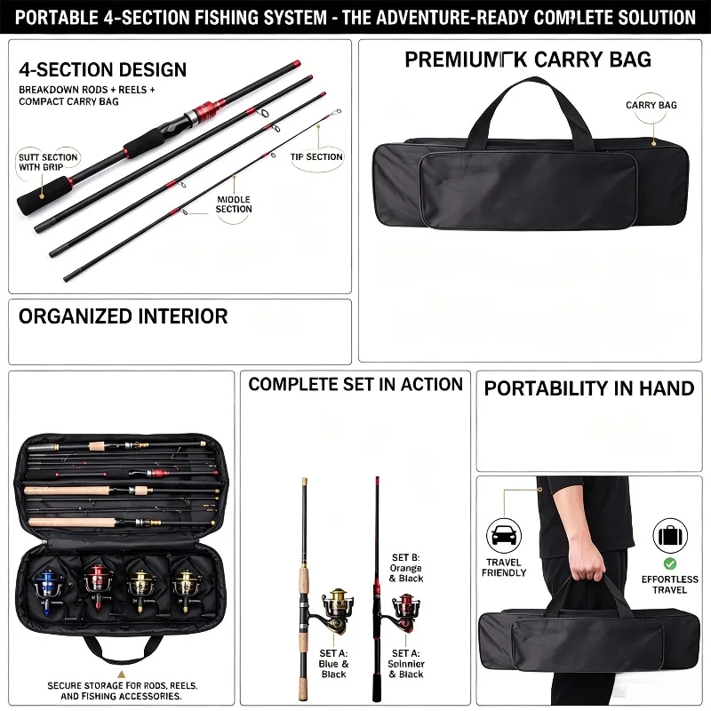 4 Sets Fishing Rod and Reel Combo with Fishing Bag Carbon Lure Rod Long Casting Sea Fishing Tackle Kit