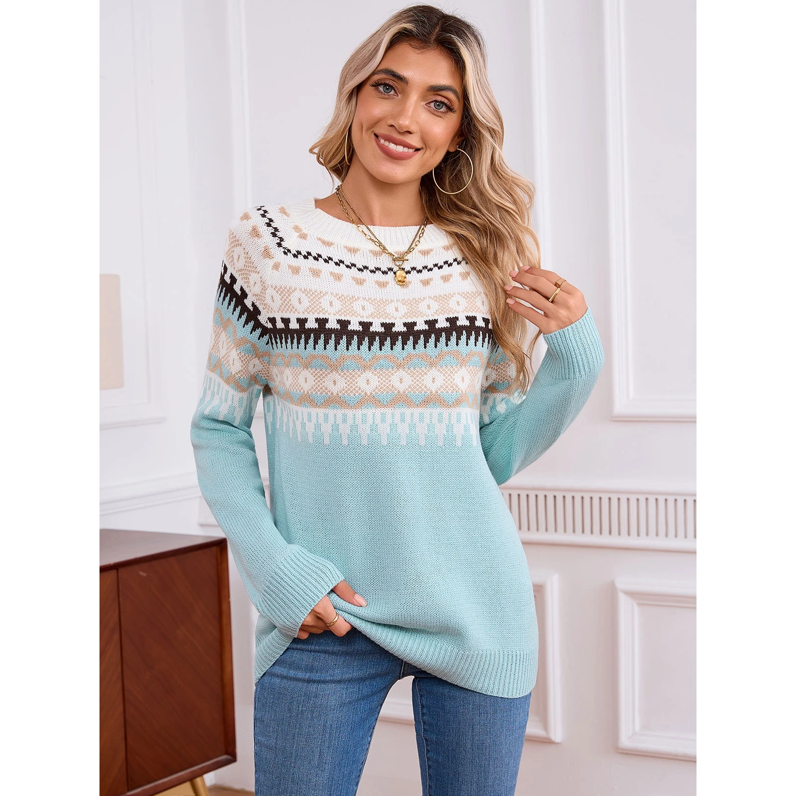 

Модный женский свитер с геометрическим узором Fair Isle, этнический стиль, универсальный, утепленный, с длинными рукавами и круглым вырезом