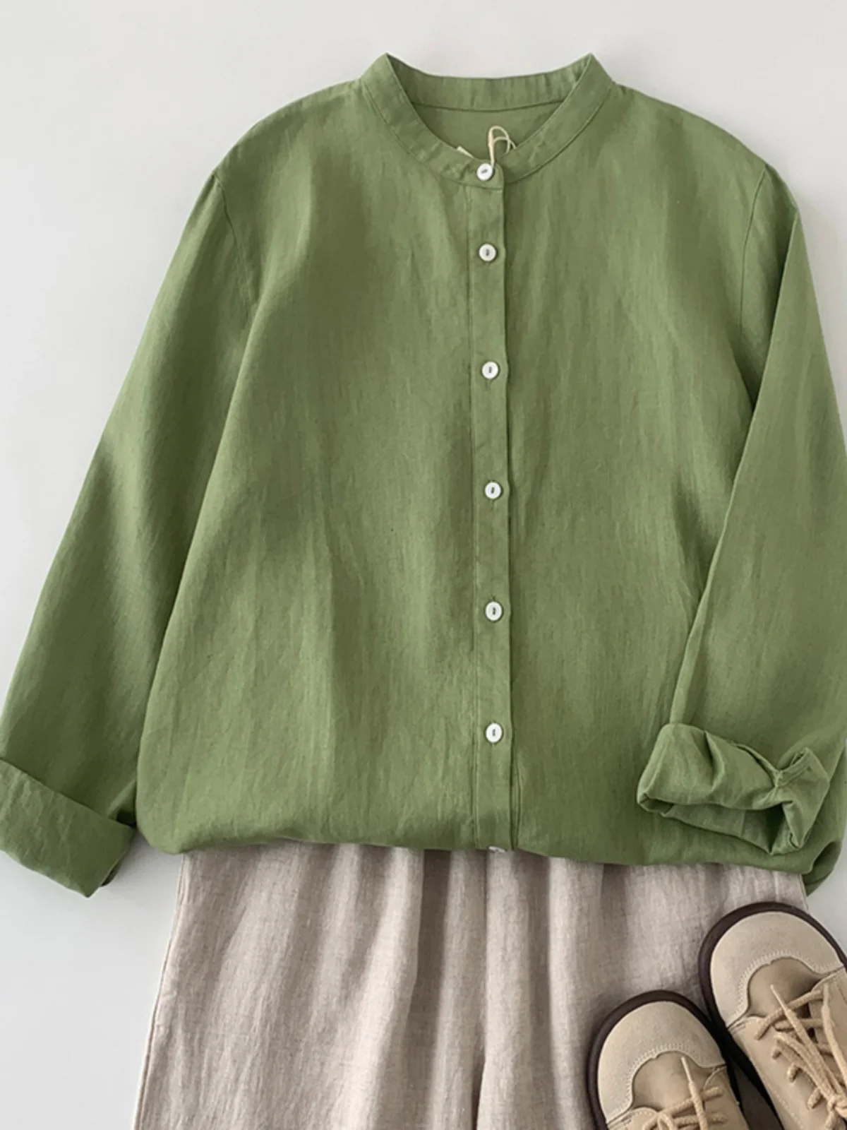 

Retro Sle Loose Fit Long Sve een Linen irt Women's Casual Versatile Slimming Stand Collar Cotton Linen Top