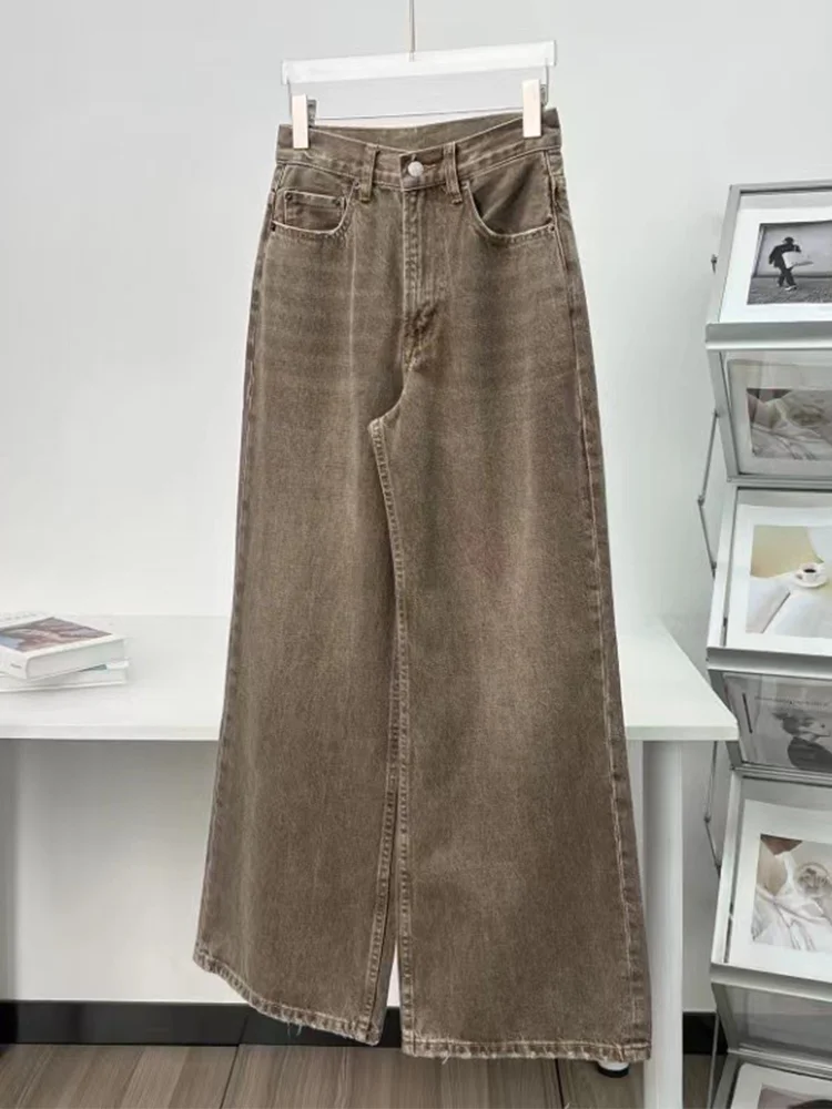 

Vintage Brown High Waist Wide Leg Jeans Women's Casual Sle Faded Denim Pants Autumn Season Faion Princ eenn Brand