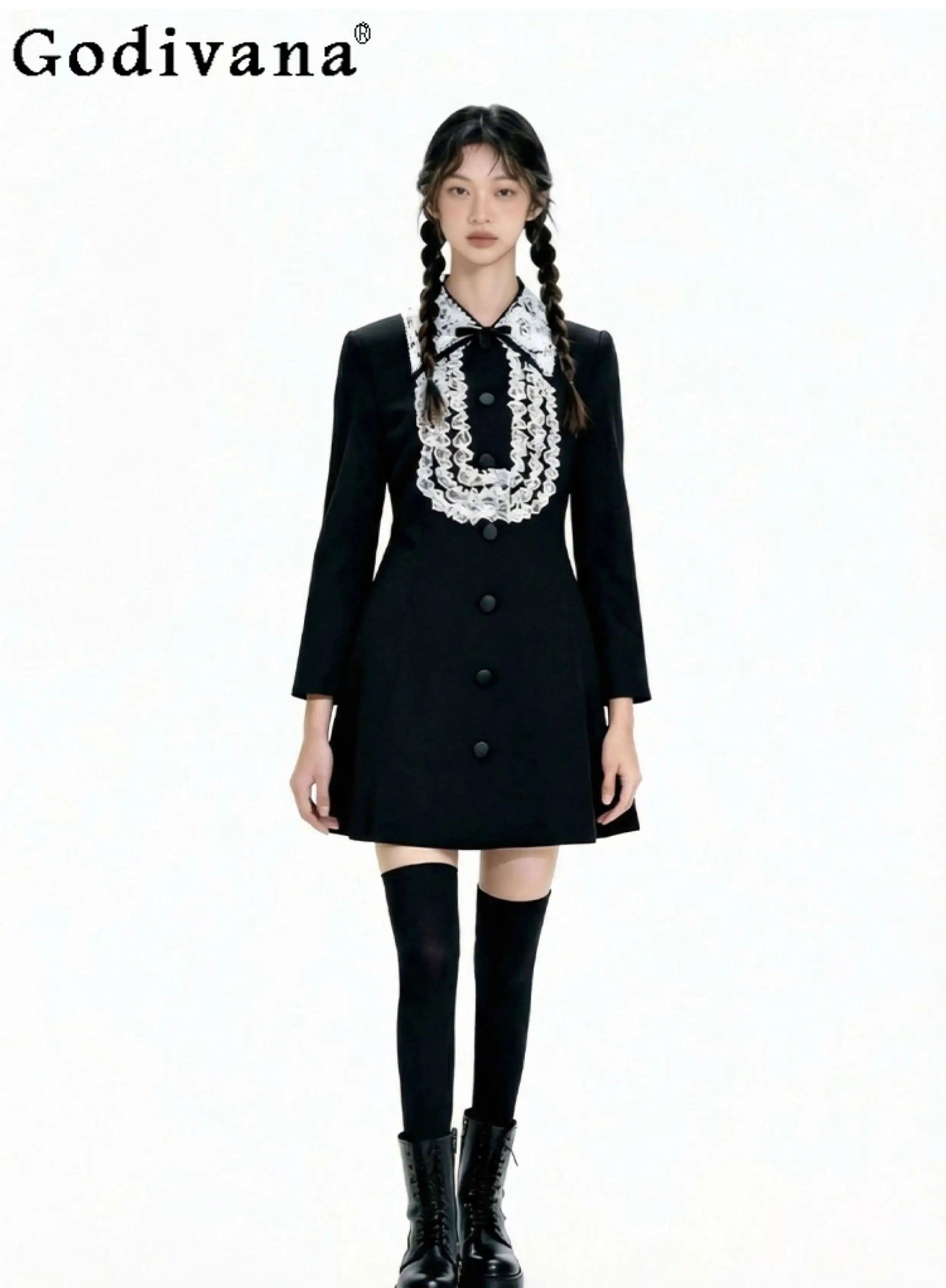 

Japanese Original Lolita Black Ruffled Lace Dress French Retro Lace Versatile Slimming Long Sleeve Dress