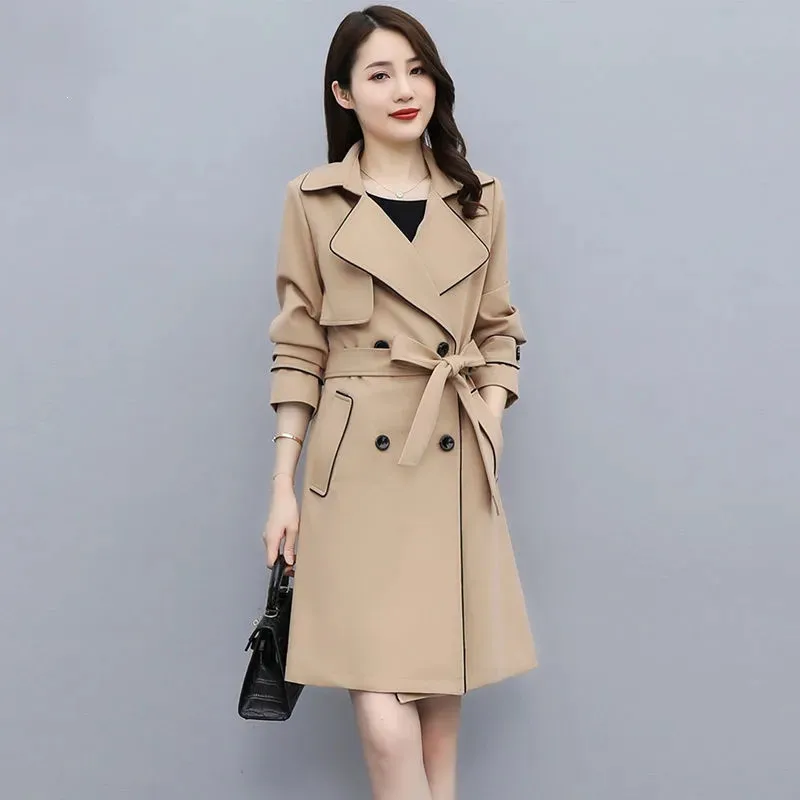 

With Lining High-End Windbreaker Women's Spring Autumn 2022 New Trend Fashion Lace-Up Off-White Outwear Khaki Trench Coat Female