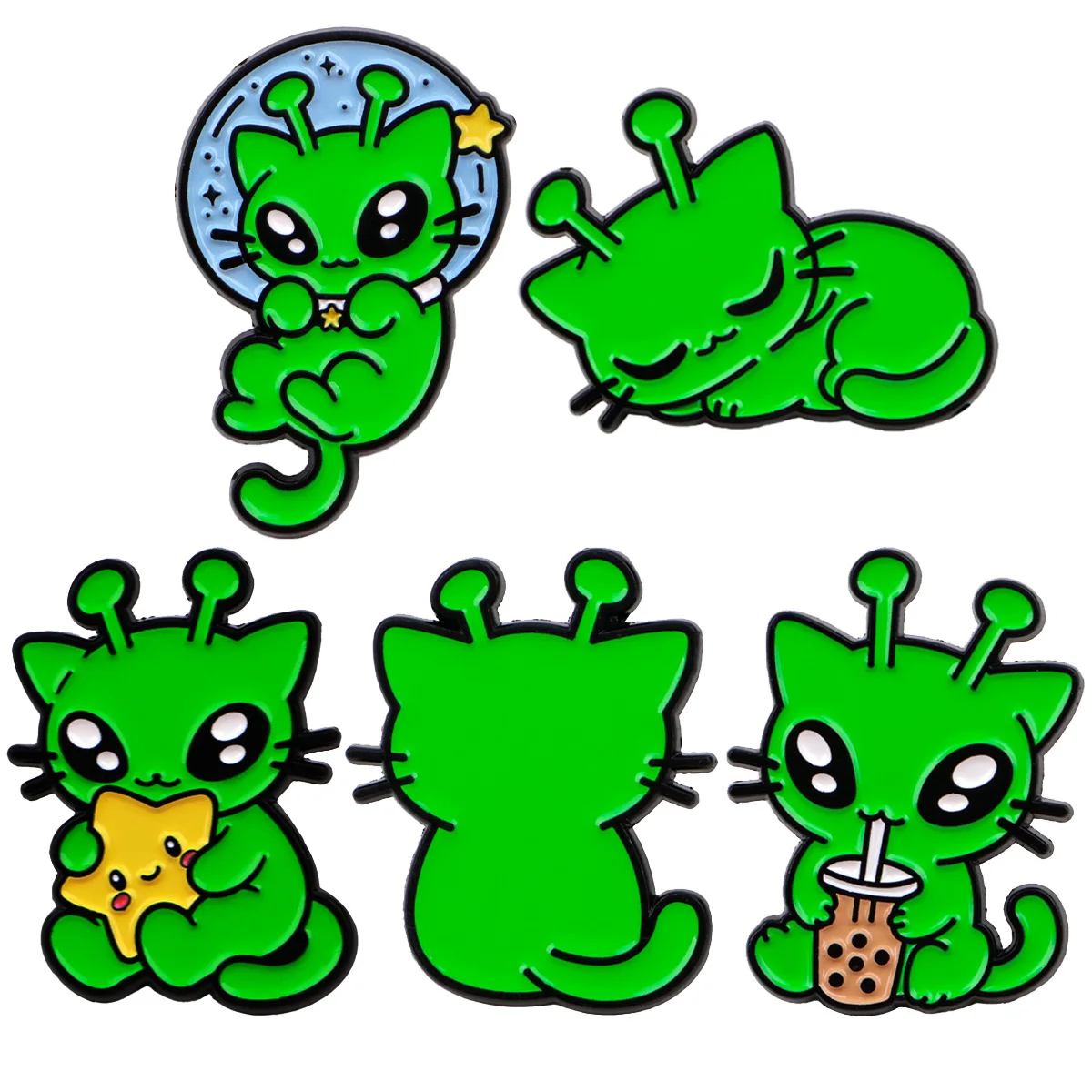 Kawaii Grüne Alien-Katzen-Emaille-Pins, Tee-Stern-Mond-Schlaf-Cartoon-Anstecknadeln, Jeansjacken-Rucksack-Schmuck, Süße Weltraum-Fans-Geschenke – Detail 5