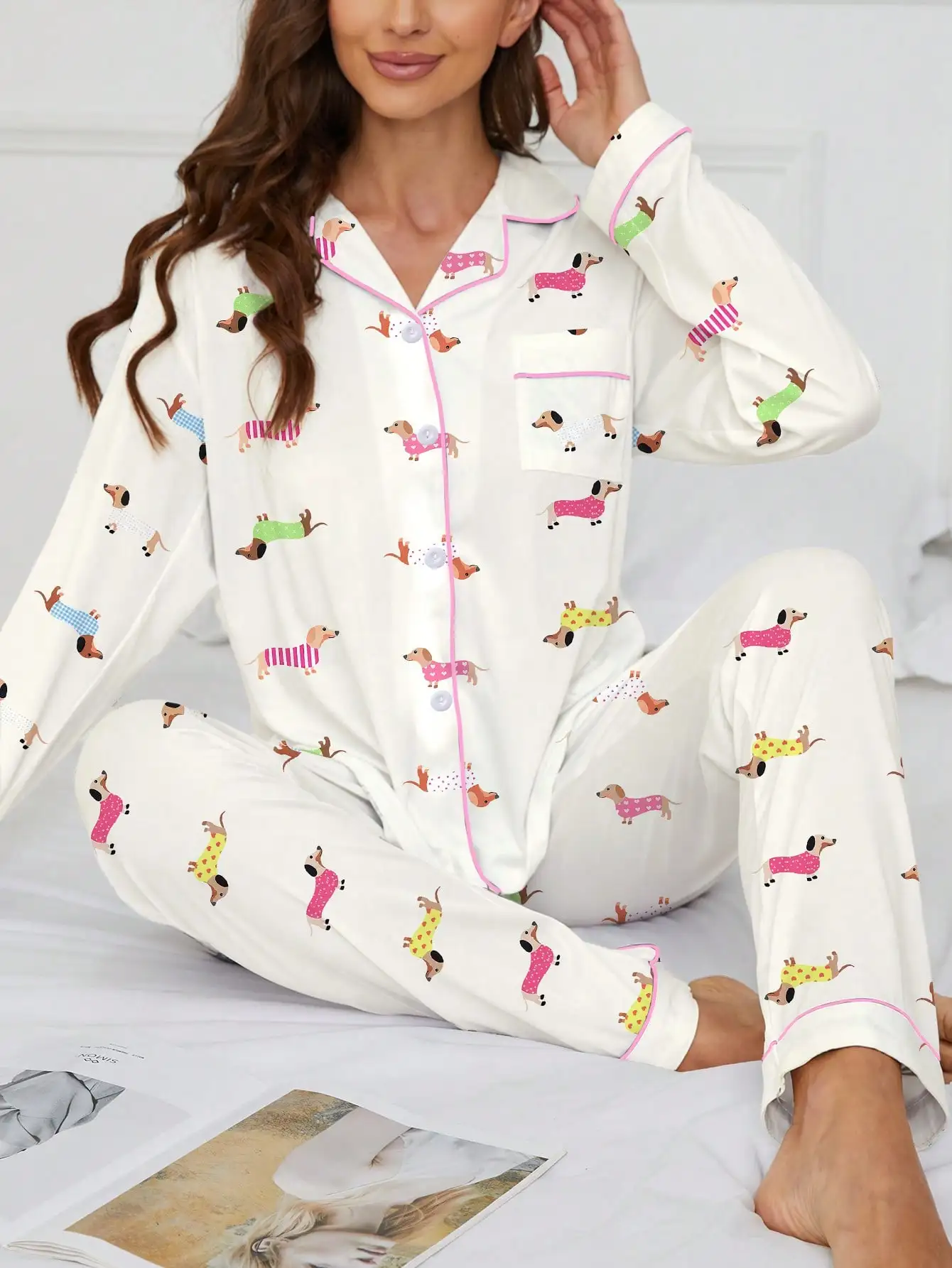 

Women's 2-Piece Long Sleeve Pajama Set with Cute Dog Print, Soft Cotton Blend, Pink Trim