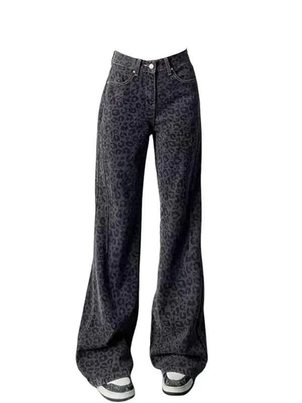 

Spring 2025 High Waist Wide Leg Bell Bot Loose Fit Versatile Leopard Print American Retro Sle Jeans for Women