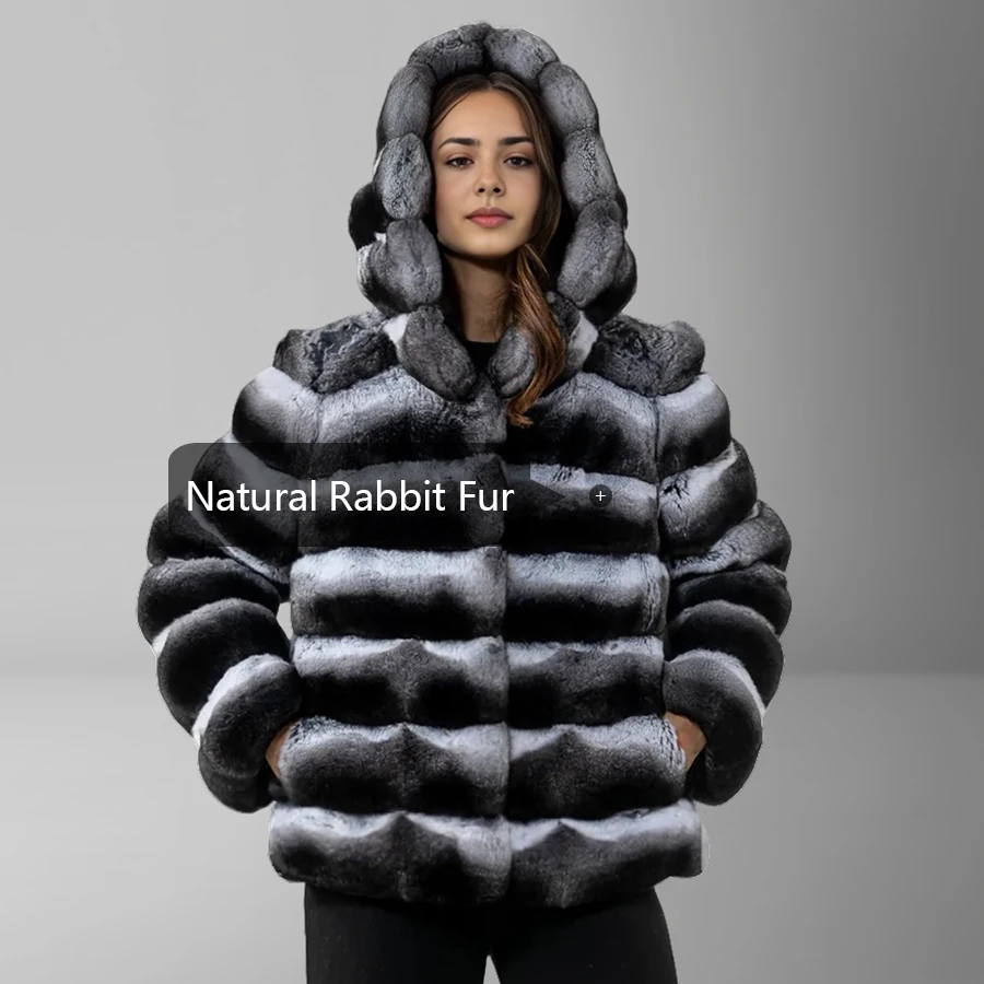 

Real Fur Jackets For Women Chinchilla Rex Rabbit Fur Coat With Hood Cropped Fur Jacket Luxury High Quality Natural Fur Coat