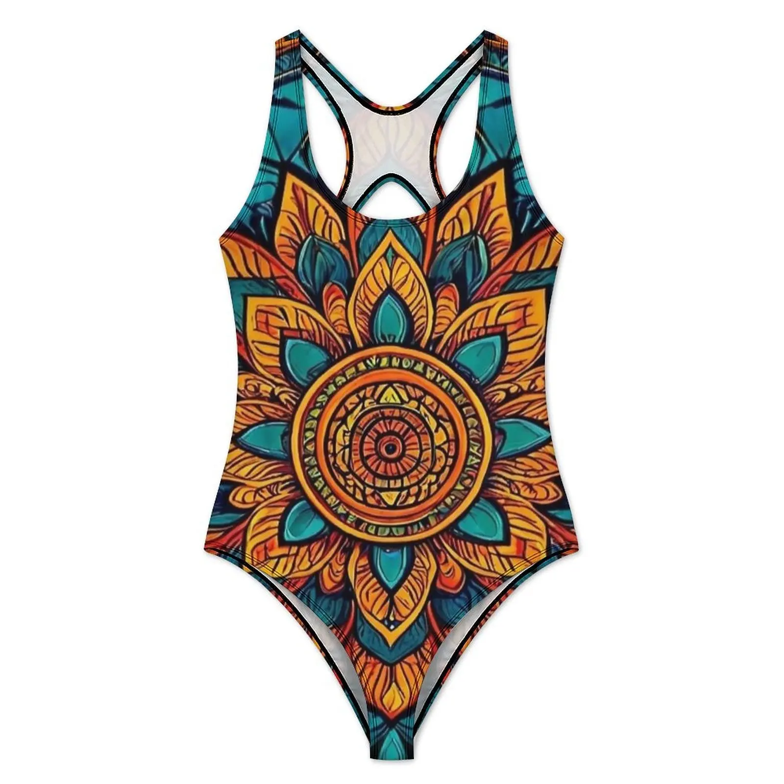 Boho Lotus Mandala Swimsuit Swimwear One Piece Fitness Pattern Bodysuit Hollow Out Monokini Women Push Up Sexy Beach Outfits