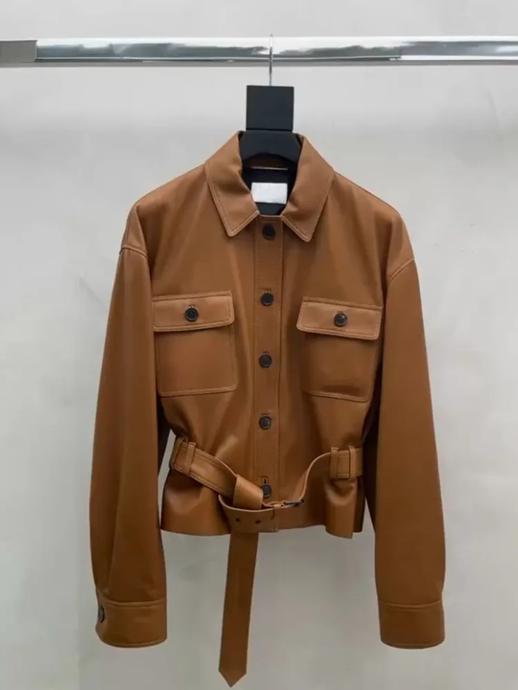 レトロブラウンレザージャケットレディースカジュアルルーズウエストベルト付きコート春2026ファッションハイエンド感覚通勤スレ