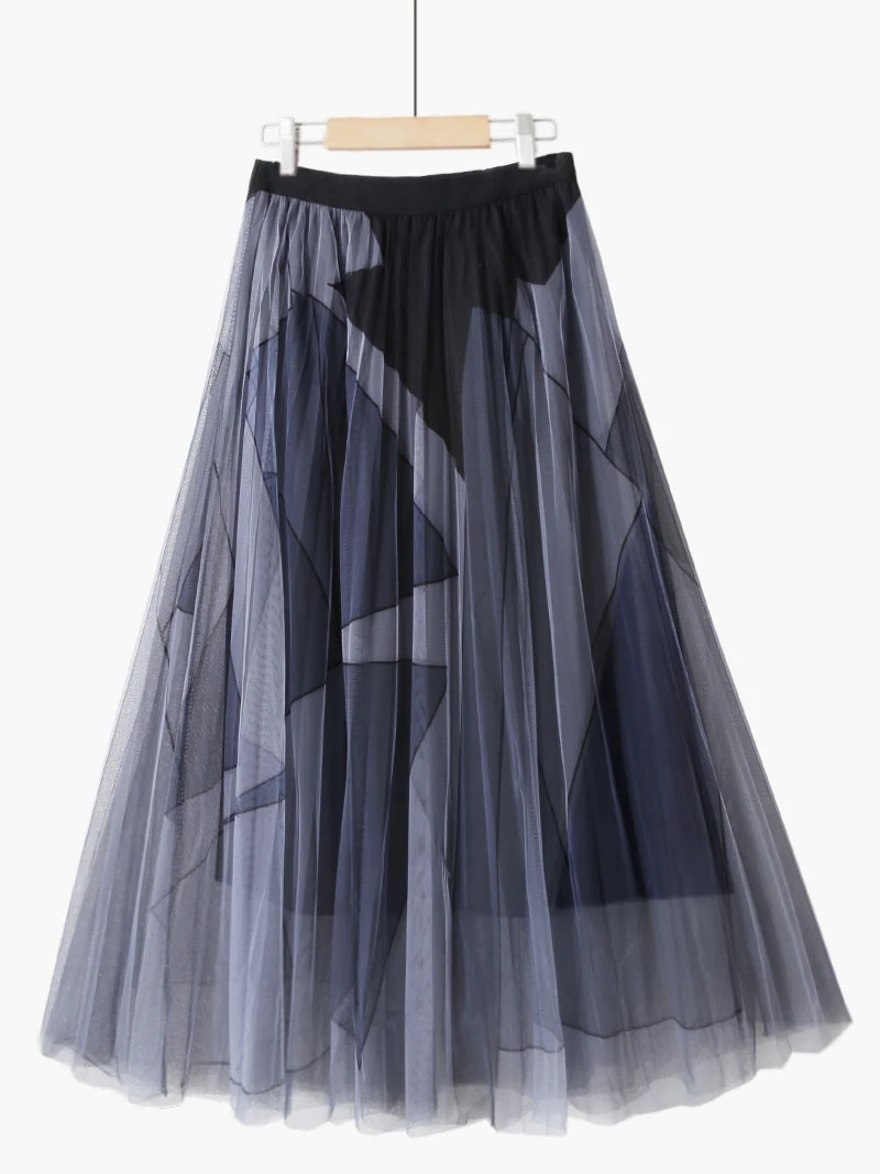 Colors-block Long Casual Women's Tulle Skirt Mesh Female Summer A-line Skirt Korean Fluffy Lady Party Clothes