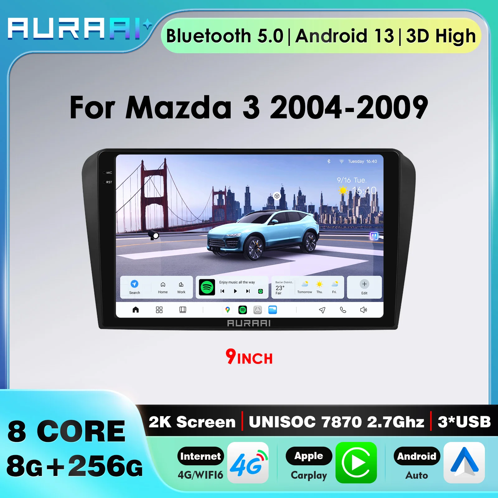 Radio para Auto con Carplay Inalámbrico y Android Auto, 8G+256G, para Mazda 3 2004-2009, Sistemas Inteligentes para Auto, RDS, DSP, FM, GPS, Cámara 360, OBD, DAB+