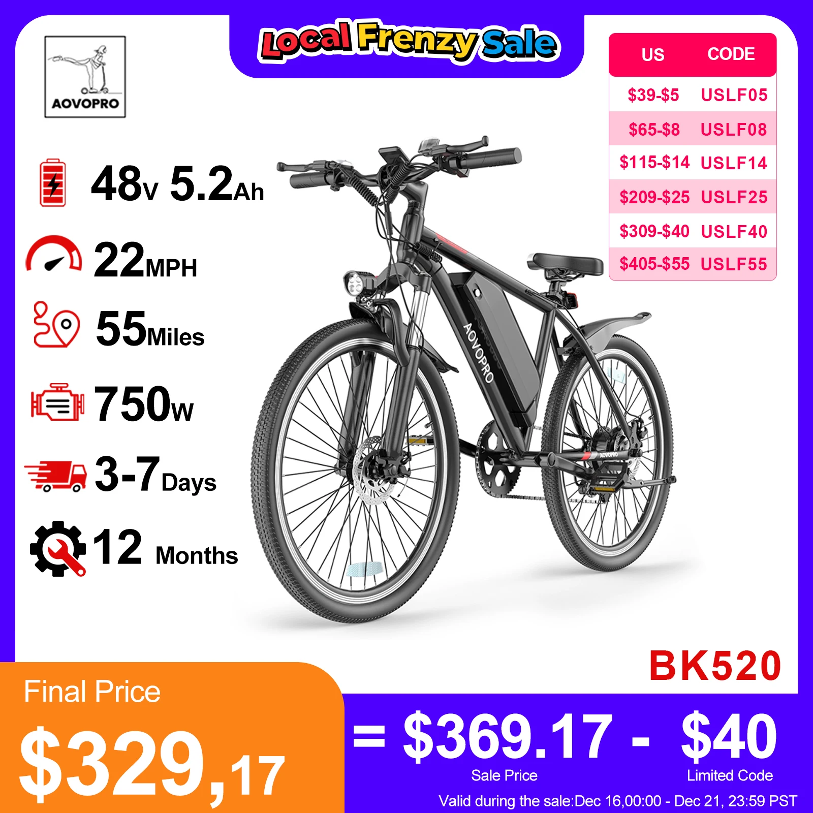 

AOVOPRO 26inches Electric Bicycle 750W Motor 48V 5.2AH Battery 22mph 7 Speed Mode 45miles Long Range Electric Bike for Adult