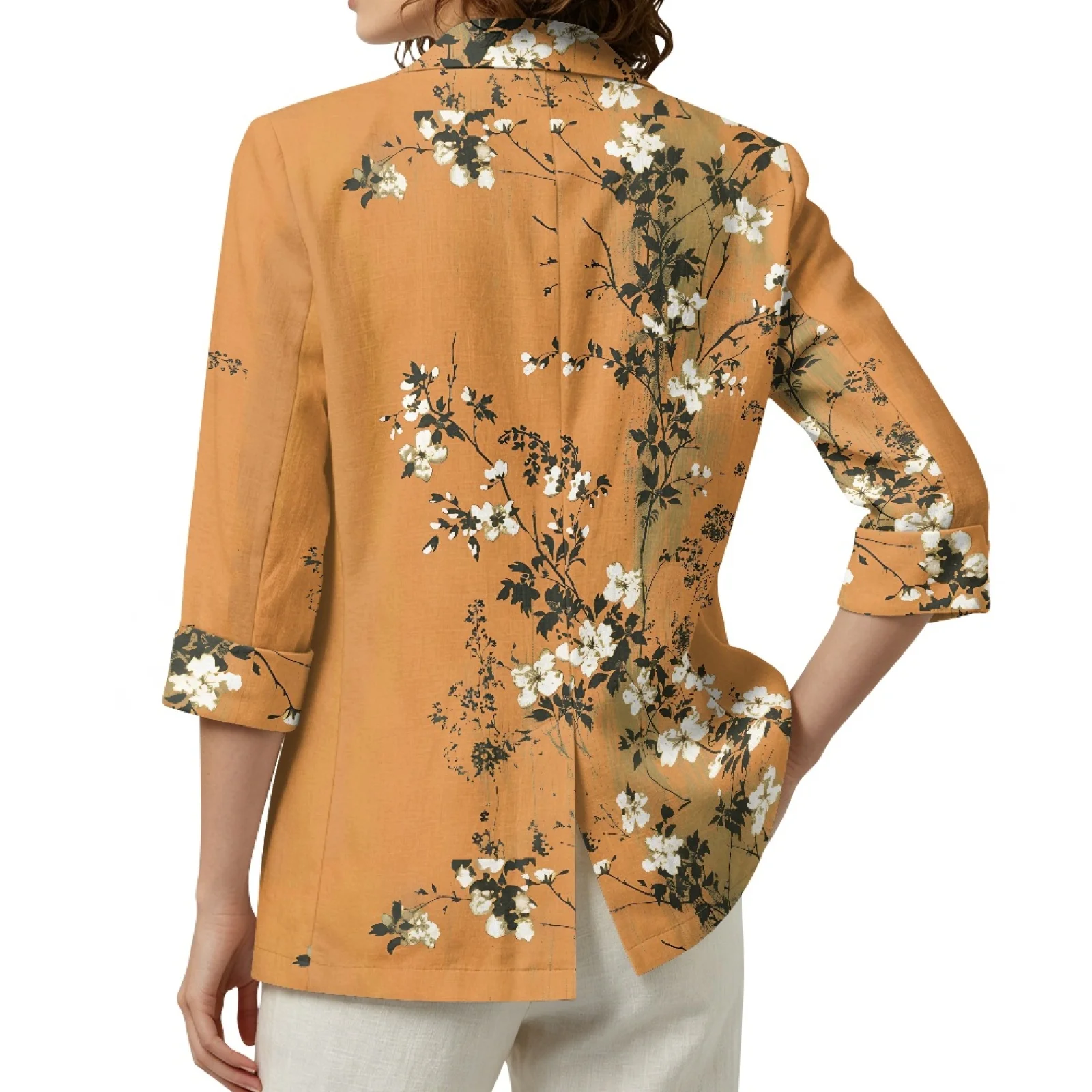 PENSTROLL Orange Floral Design Linen Like Open Front Tops Beach Cover Ups for Women Lightweight Cover Up Cardigans