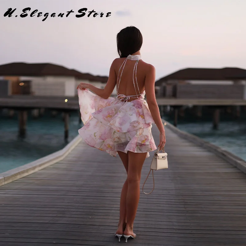 

Sexy Boutique Floral Printed Short Dress Backless Sleeveless Hem Stacking Dresses A Line Vestidos 2025 New Lady Party Dresses