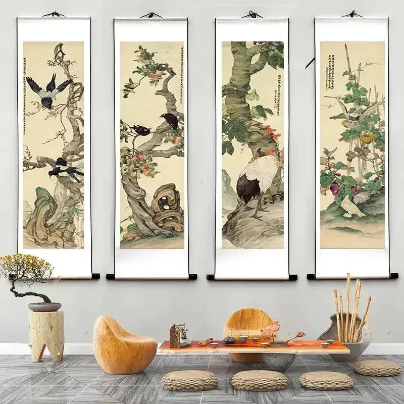 Chinese Style Birds Flower Poster, Wall Art, Canvas Painting, Scroll Hanging Painting, Living Room, Home, Office Decor, 4Pcs