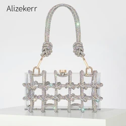 Diamond Transparent Acrylic  Evening Bags Women Boutique Shiny Woven Knotted Rope Handle Rhinestone Clutch Purses Wedding Party