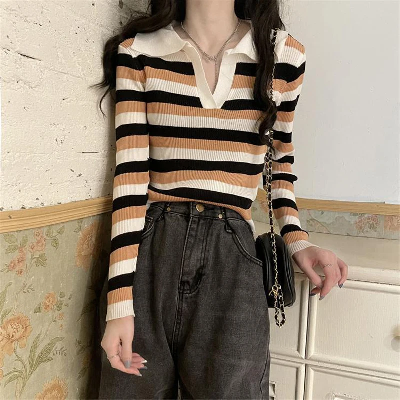 2024 New Autumn Fashion Bottoming Shirt Women\'s Striped Sweater Trendy Women\'s Sweater Long Sleeve T-shirt Top