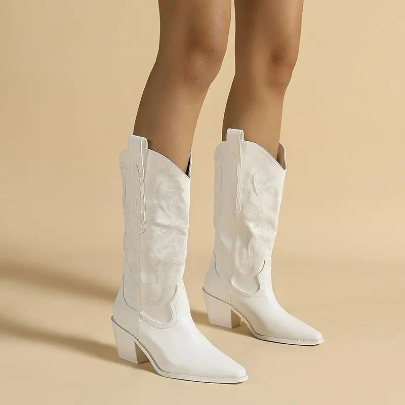 

plus Size Pure White Denim Boots Chunky Heel Pointed Toe Carved Faion Boots Heightening Mid-Calf Knight Boots