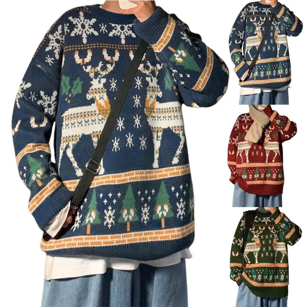 

Trendy New Year Sweater Pullover All Match Winter Sweater Colorful Elk Christmas Sweater for Outdoor