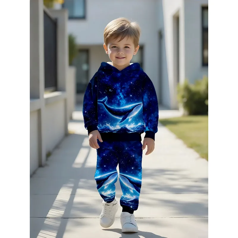 Kids Hoodie Jogger: Galaxy Ocean Whale Print, Moon Glowing Deer Graphic, Star Blue Butterfly Pattern Kid Tracksuit