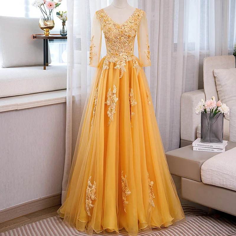 Yellow Quinceanera Dresses With 3/4 Long Sleeve Lace Appliqued Beaded Vestido De 15 Anos Birthday Party Prom Dresses Ball Gowns