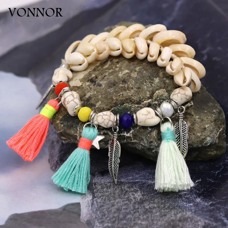 Boho Handmade Jewelry Bracelet for Women Girls Shell Tassel Stone Bead Alloy Leaf Star Pendant Female Accessories Charm Bracelet